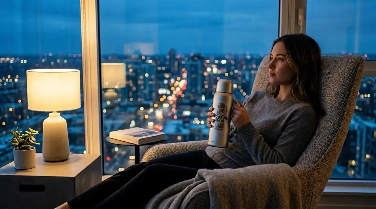 FlowCup Pro – KI-generiertes Lifestyle-Foto: Frau mit Produkt bei Nacht in der Stadt