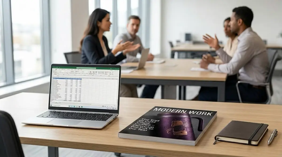 FlowCup Pro – KI-generiertes Kontext-Bild: Magazin im Meeting-Room