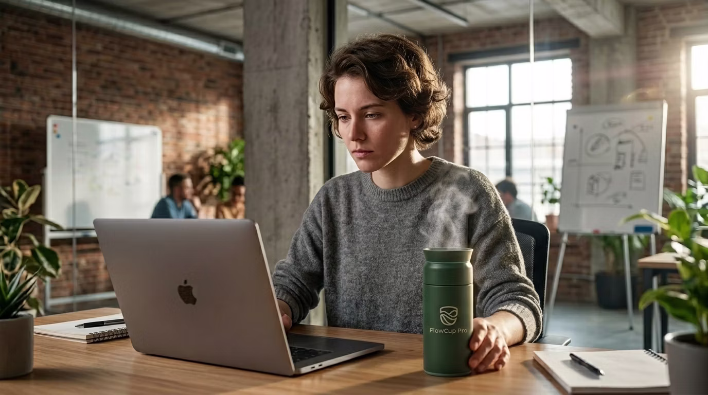 FlowCup Pro – Lifestyle: Person am Laptop