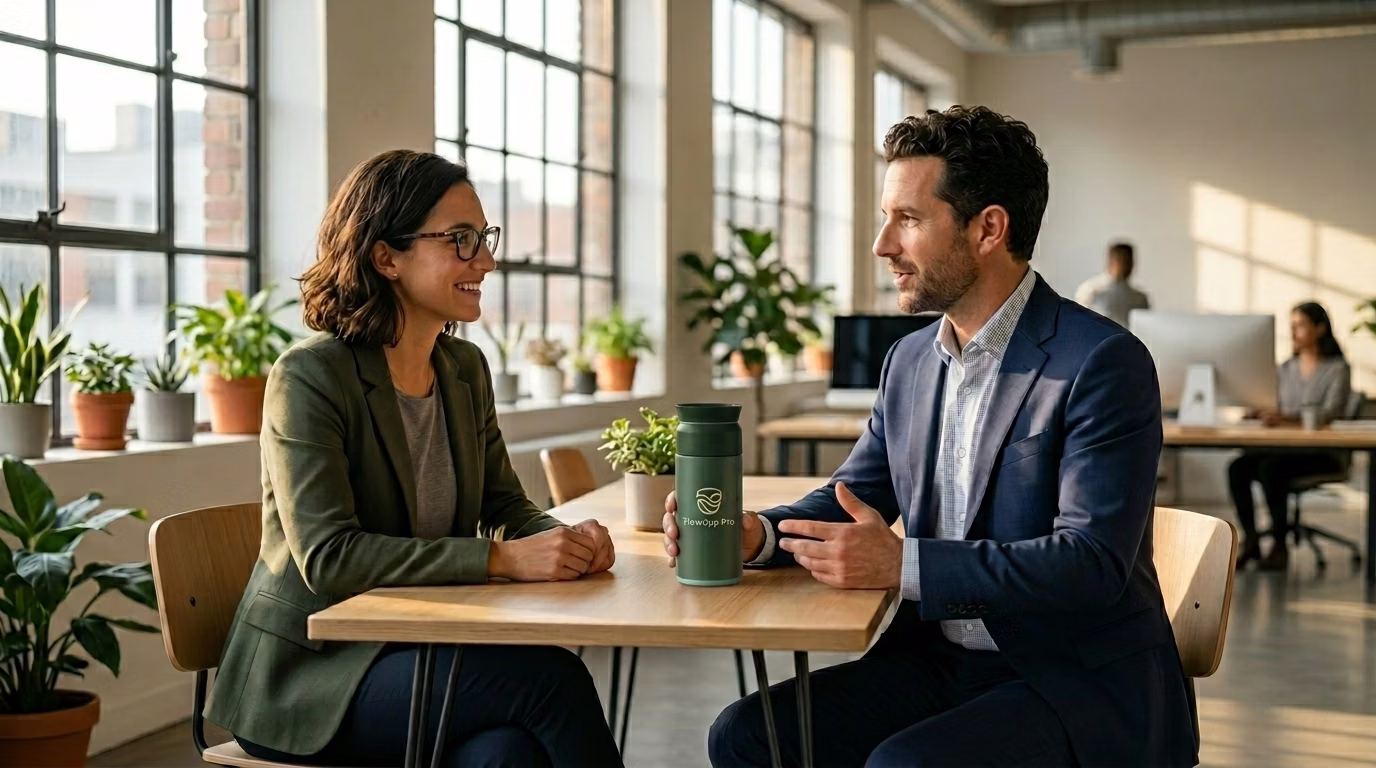 FlowCup Pro – Zwei Personen im Büro, Kollaboration